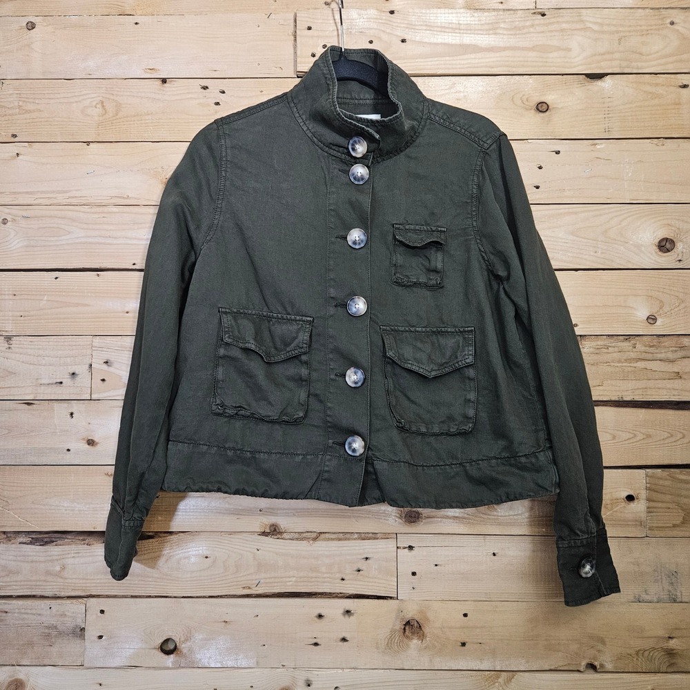 LOFT Womens Olive Green Cotton Linen Blend Utility Jacket Mock Neck Size S